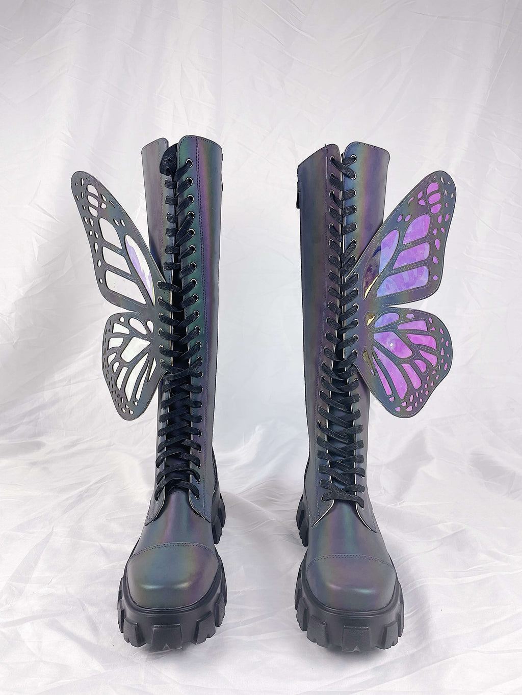 Holographic Rainbow Reflective Lace Up Knee High Combat Boots With Butterfly Wings