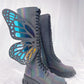 Holographic Rainbow Reflective Lace Up Knee High Combat Boots With Butterfly Wings