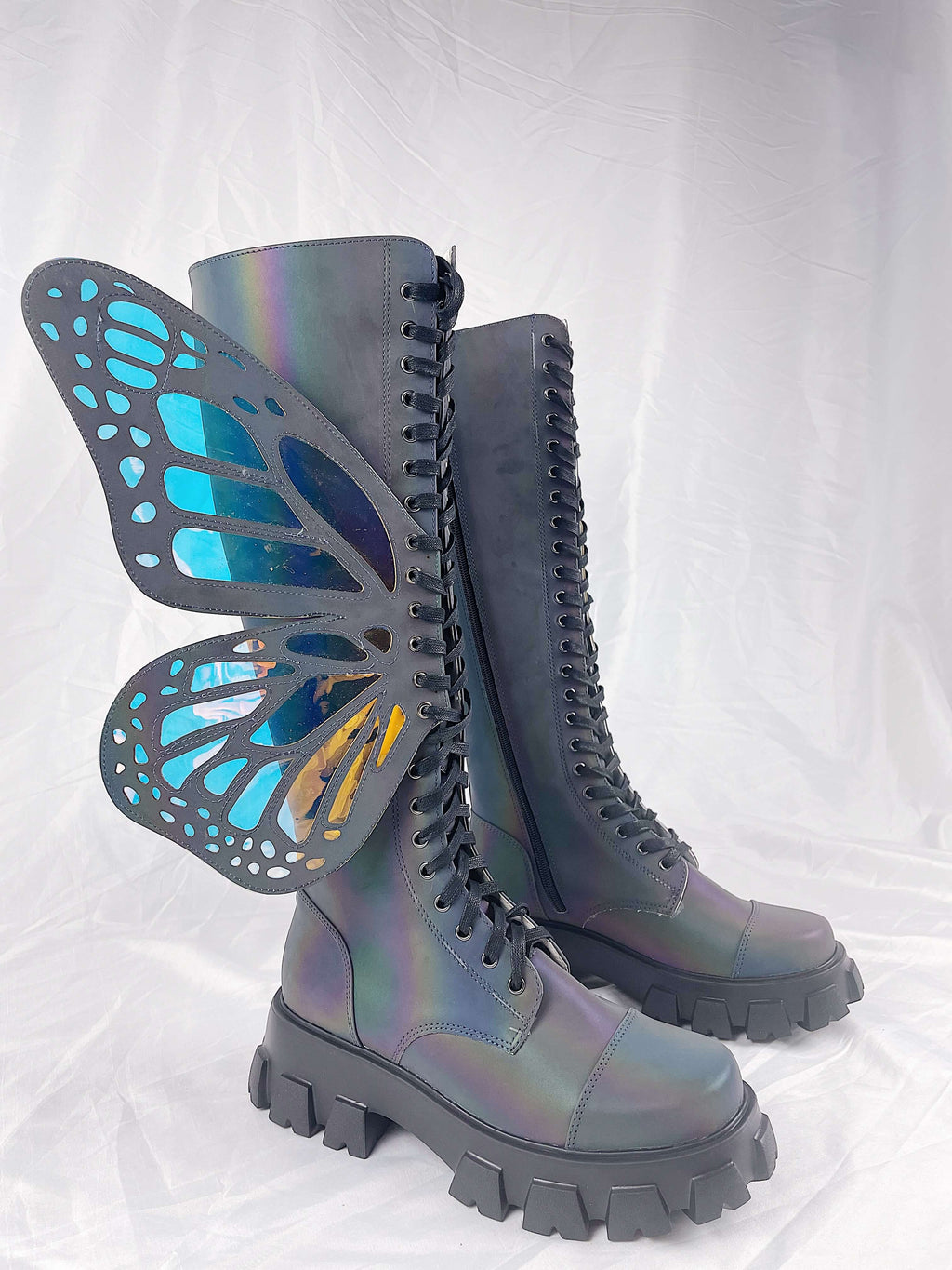 Holographic Rainbow Reflective Lace Up Knee High Combat Boots With Butterfly Wings