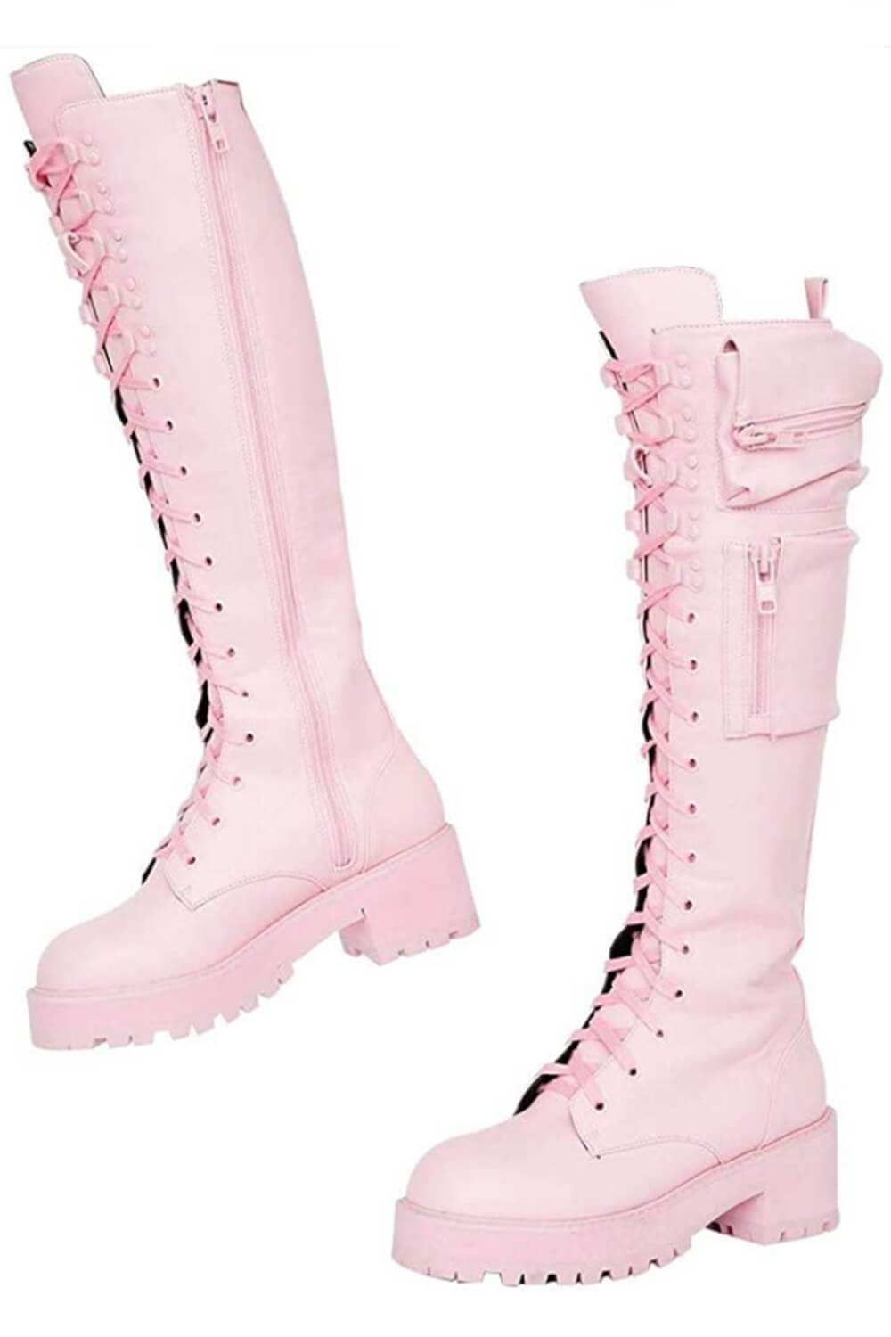 Pink Lace Up Pocket Detail Chunky Knee High Combat Boots