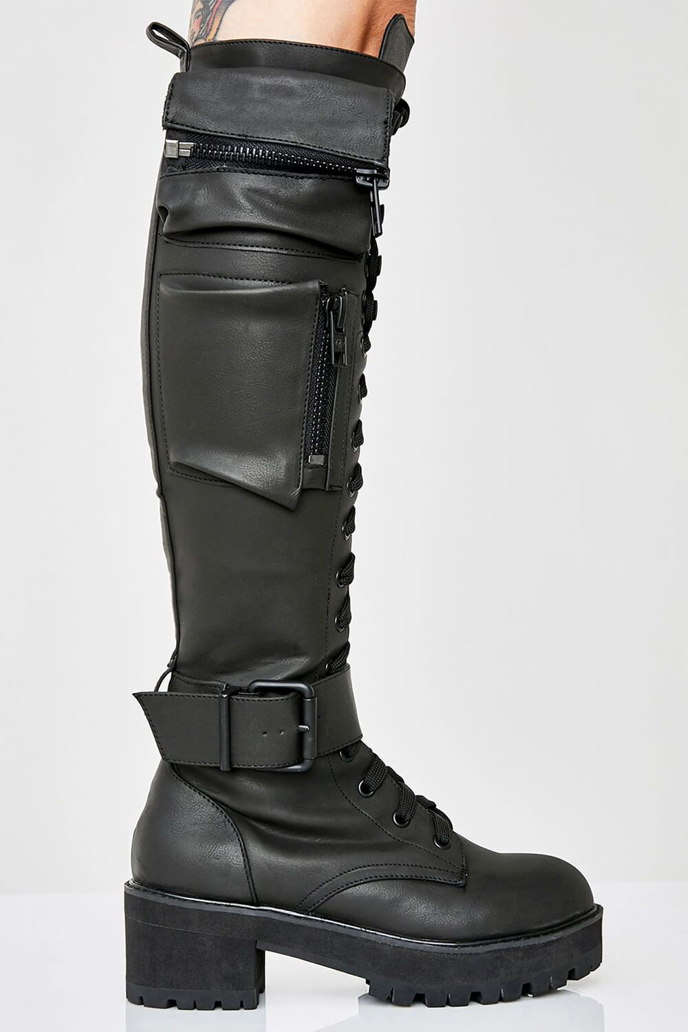 Black Lace Up Pocket Detail Chunky Knee High Combat Boots