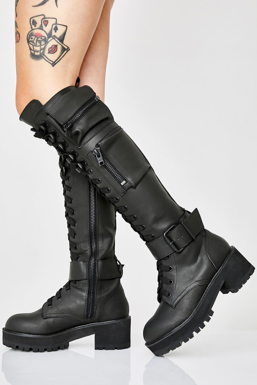 Black Lace Up Pocket Detail Chunky Knee High Combat Boots