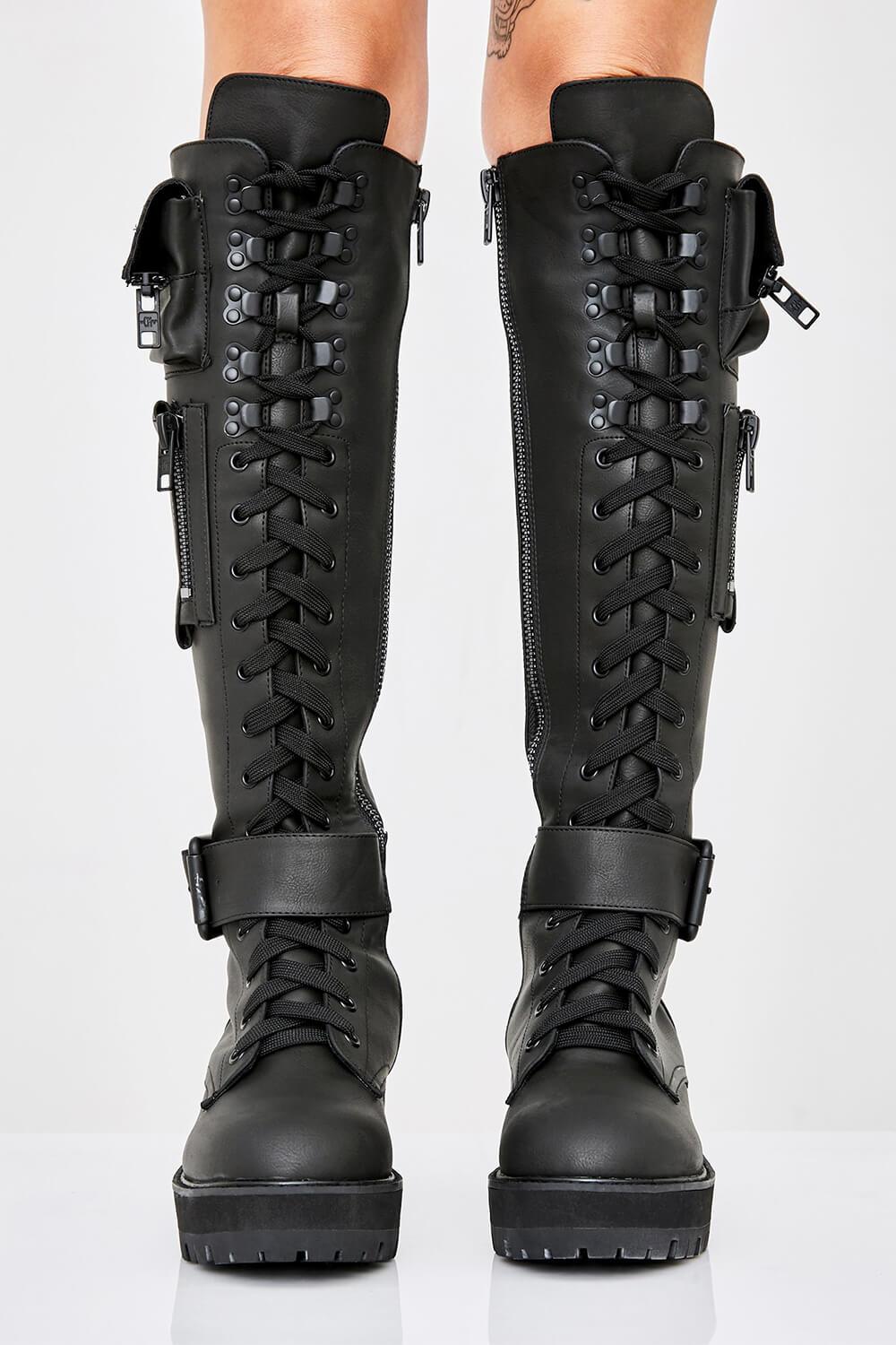 Black Lace Up Pocket Detail Chunky Knee High Combat Boots