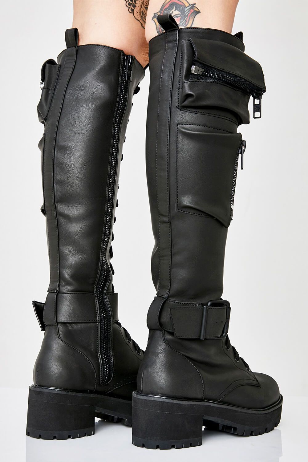 Black Lace Up Pocket Detail Chunky Knee High Combat Boots