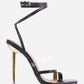 Black Faux Leather Lace Up Clear Perspex Square Toe Metallic Heel