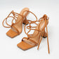 Tan Brown Faux Leather Lace Up Square Toe  Sculptured Heel