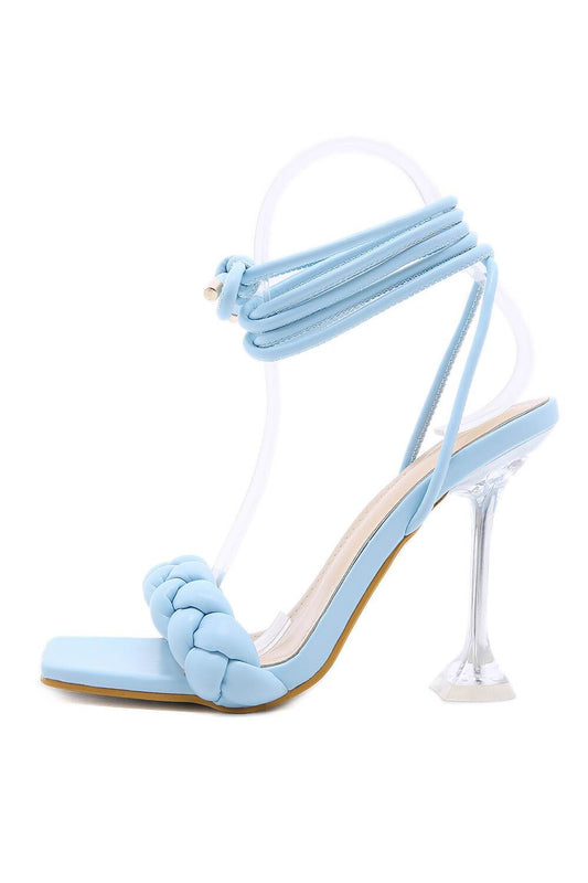 Light Blue Faux Leather Lace Up Square Toe Woven Perspex Sculptured Heel