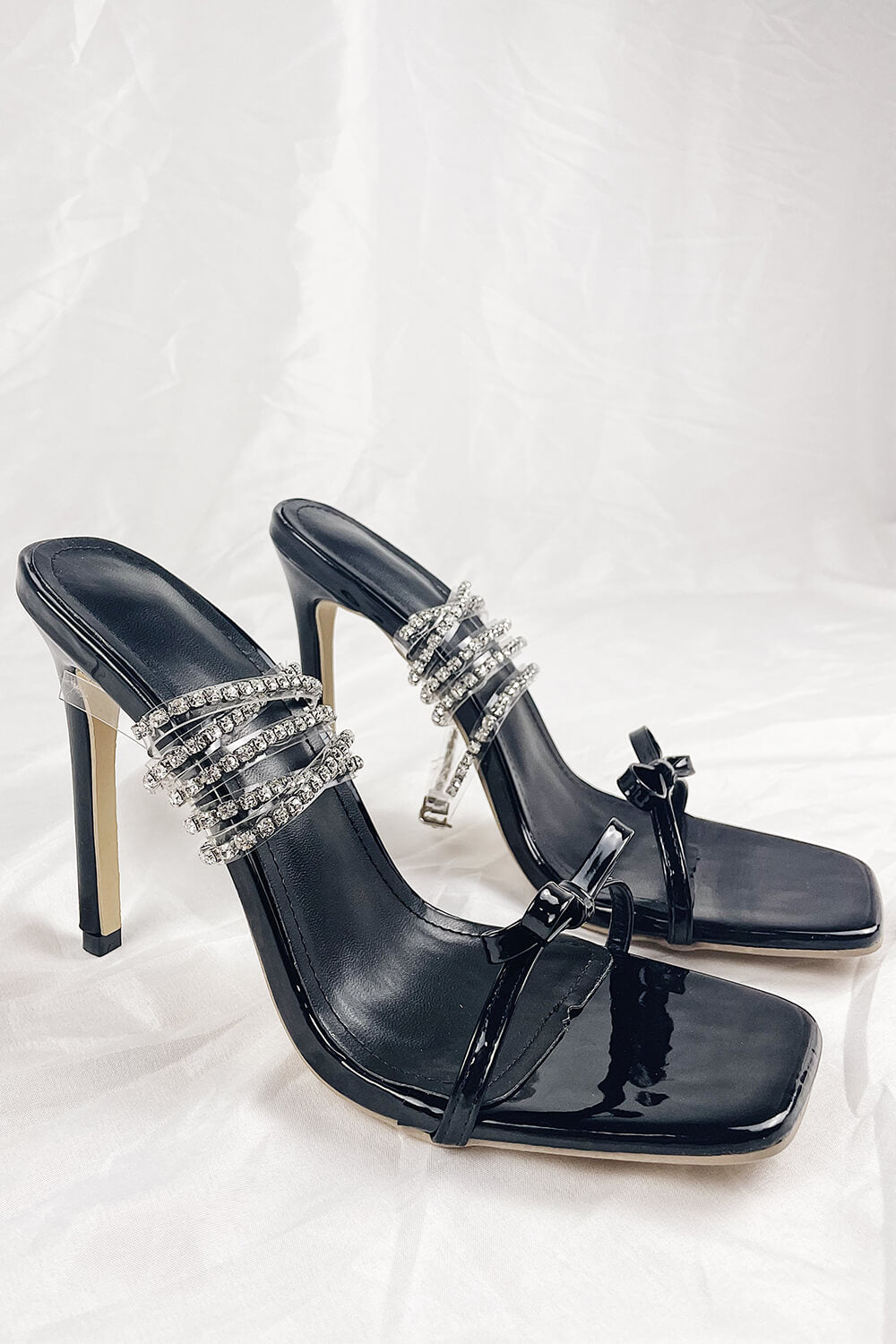 Black Patent Bow Diamante Stiletto Heels