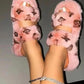 Pink Faux Fur Fluffy Printed Double Strap Flat Slipper