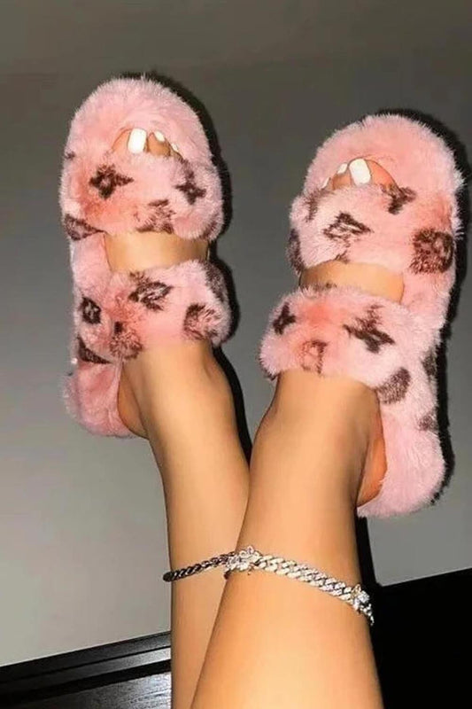 Pink Faux Fur Fluffy Printed Double Strap Flat Slipper