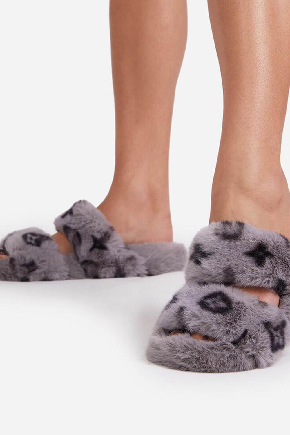 Grey Faux Fur Fluffy Printed Double Strap Flat Slipper