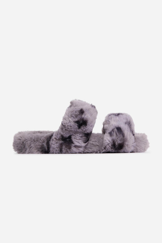 Grey Faux Fur Fluffy Printed Double Strap Flat Slipper