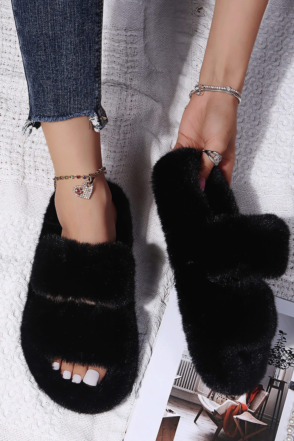 Black Fluffy Faux Fur Double Strap Slippers