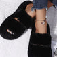 Black Fluffy Faux Fur Double Strap Slippers