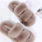 Brown Fluffy Faux Fur Double Strap Slippers