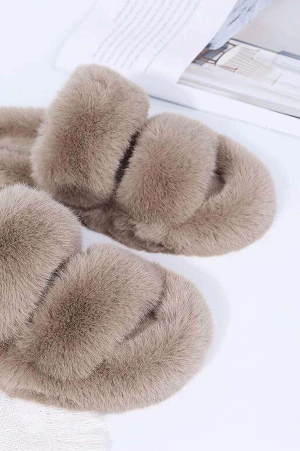 Brown Fluffy Faux Fur Double Strap Slippers