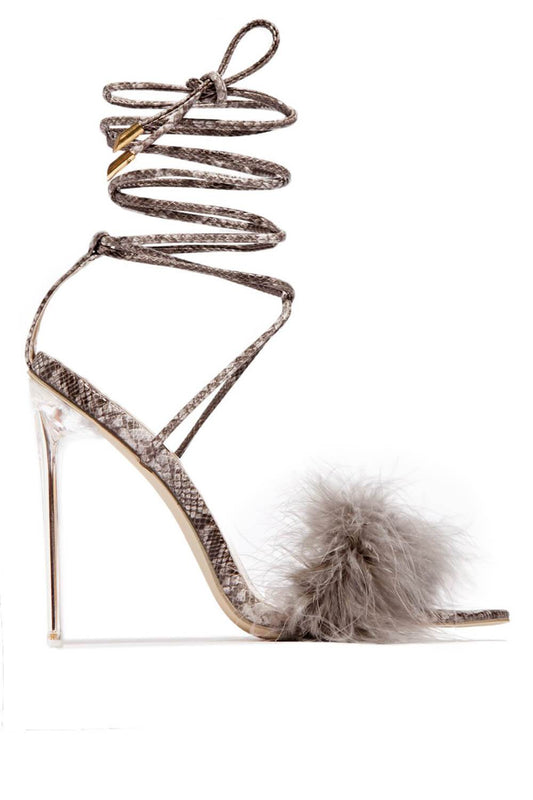 Snake Print Faux Fur Lace Up Clear Perspex Stiletto Heels