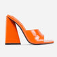 Orange Patent Square Peep Toe Sculptured Flared Block Heel Mules