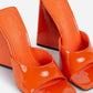 Orange Patent Square Peep Toe Sculptured Flared Block Heel Mules