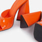 Orange Patent Square Peep Toe Sculptured Flared Block Heel Mules