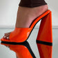 Orange Patent Square Peep Toe Sculptured Flared Block Heel Mules