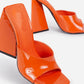 Orange Patent Square Peep Toe Sculptured Flared Block Heel Mules