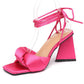 Hot Pink Satin Knotted Detail Lace Up Square Peep Toe Sculptured Flared Block Heel