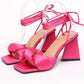 Hot Pink Satin Knotted Detail Lace Up Square Peep Toe Sculptured Flared Block Heel
