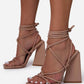 Nude Faux Leather Knotted Detail Lace Up Square Toe Sculptured Flared Block Heels