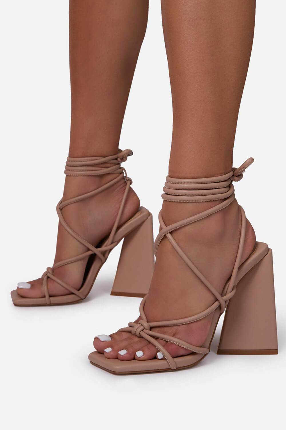 Nude Faux Leather Knotted Detail Lace Up Square Toe Sculptured Flared Block Heels