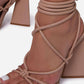 Nude Faux Leather Knotted Detail Lace Up Square Toe Sculptured Flared Block Heels