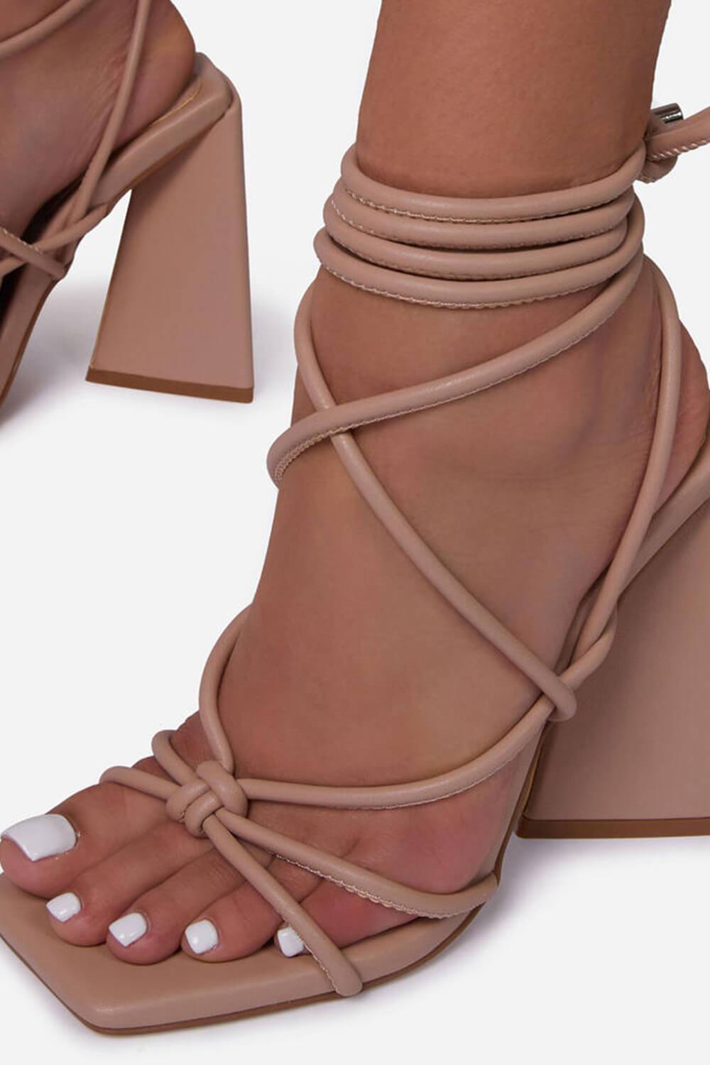 Nude Faux Leather Knotted Detail Lace Up Square Toe Sculptured Flared Block Heels