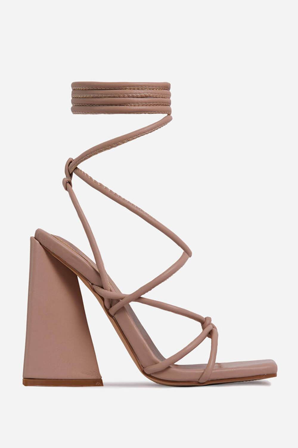 Nude Faux Leather Knotted Detail Lace Up Square Toe Sculptured Flared Block Heels