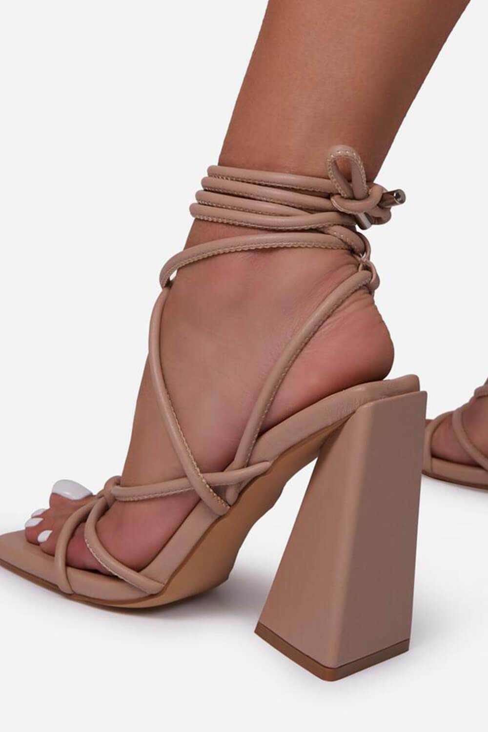 Nude Faux Leather Knotted Detail Lace Up Square Toe Sculptured Flared Block Heels