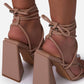 Nude Faux Leather Knotted Detail Lace Up Square Toe Sculptured Flared Block Heels