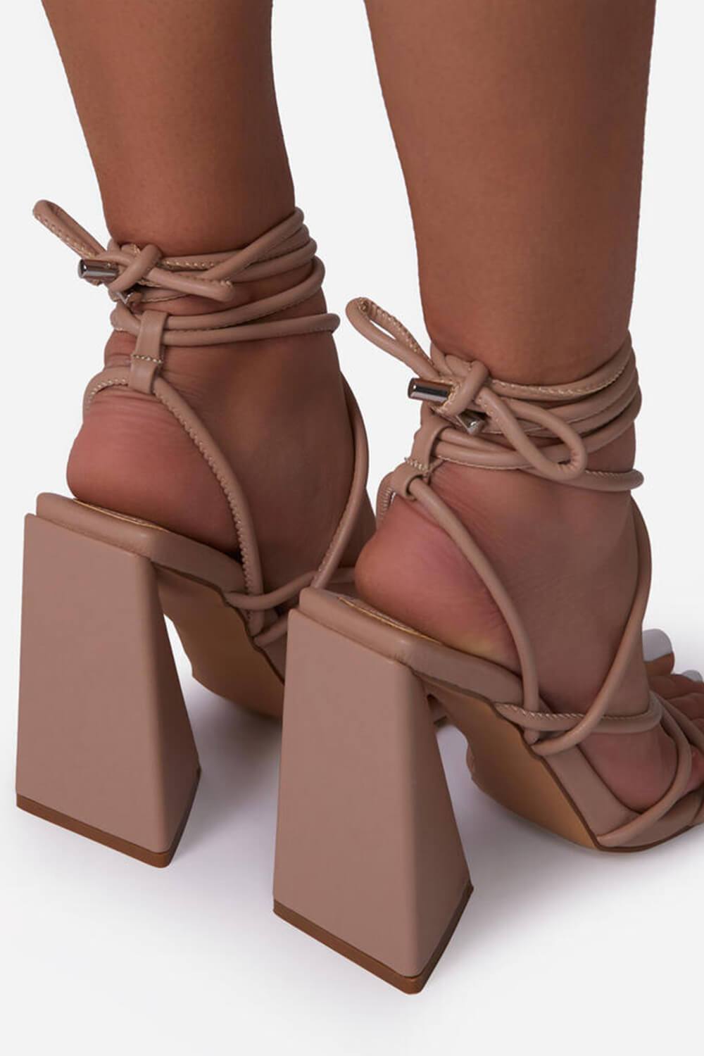 Nude Faux Leather Knotted Detail Lace Up Square Toe Sculptured Flared Block Heels