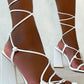 White Lace Up Sculptured Block Heels