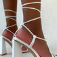 White Lace Up Sculptured Block Heels
