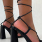 Black Lace Up Sculptured Block Heels
