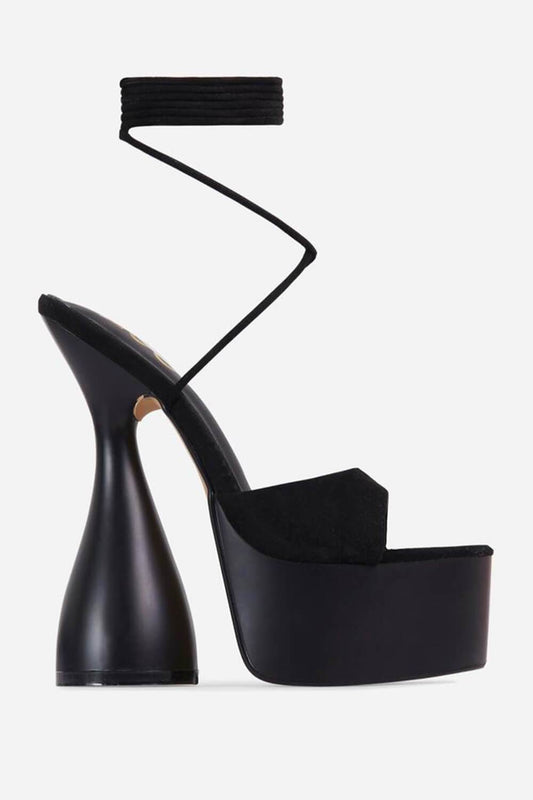 Black Faux Suede Lace Up Peep Toe Platform Statement Heel