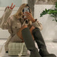 Khaki Green Rounded Knee High Rubberized Flat Boots