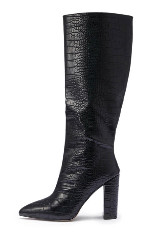 Black Wide Fit Croc Effect Knee High Pointed Block Heel Boots