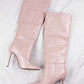 Pink Crocodile-Effect Knee High Pointed Stiletto Heel Boots