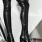 Black Faux Leather Block Heel Over The Knee Thigh High Boots