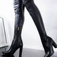 Black Faux Leather Block Heel Over The Knee Thigh High Boots