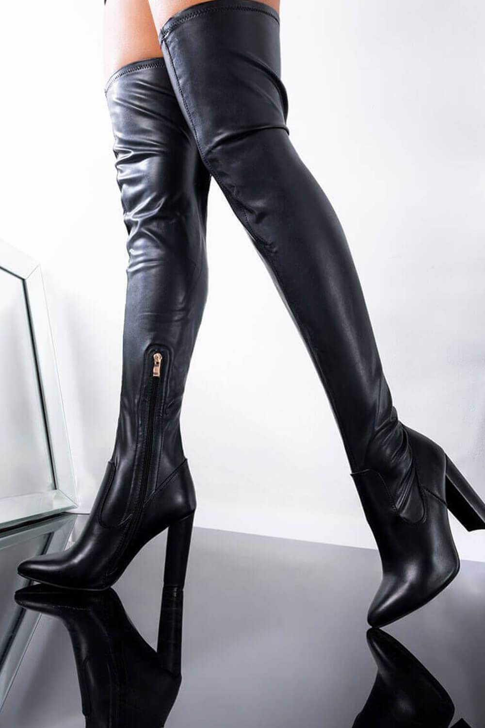 Black Faux Leather Block Heel Over The Knee Thigh High Boots