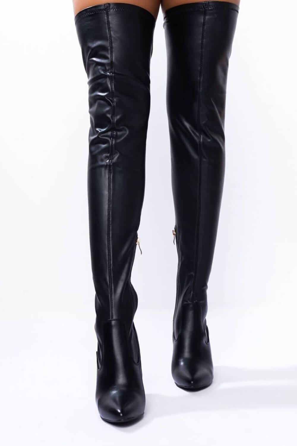 Black Faux Leather Block Heel Over The Knee Thigh High Boots
