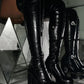 Black Faux Croc Print Platform Block Heel Thigh High Boots