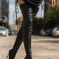 Black Pu Back Tie Thigh High Stiletto Boots