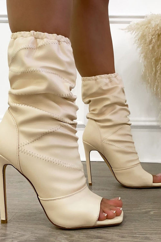 Cream Ruched Peep Toe Stiletto Ankle Boots